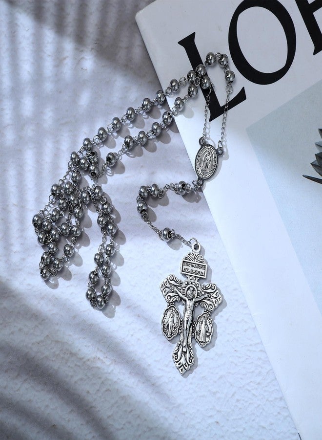 SANDOO Pardon Crucifix Necklace with Stainless Steel Rosary Beads - Cruz Del Perdon Catolica with St Benedict Medal,Crucifijo Del Perdon,Regalo Religioso Católico De Para Hombres Y Mujeres (SILVER) - Image 2